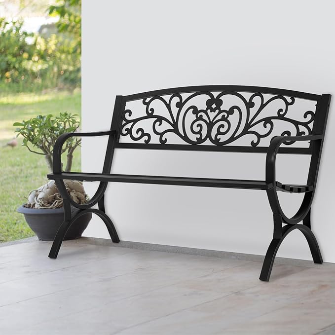 PayLessHere Black Outdoor Metal Loveseat Chairs Patio Garden Bench 50-inch by PayLessHere