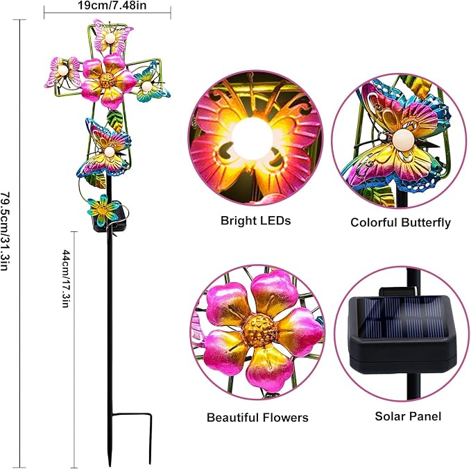 Solar Butterfly Cross Garden Stake Light, Metal Cross Cemetery Decorations - Image 5