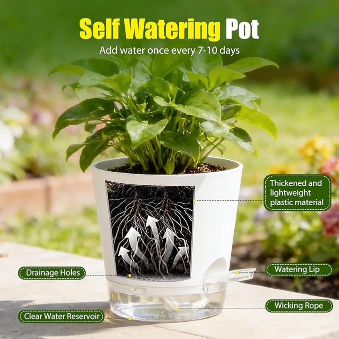 Plant Pots 7 Inch Self Watering Pots, 6 Pack Plastic Planters - Image 4