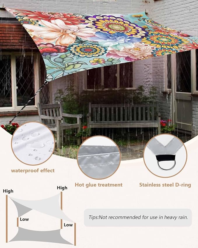 Sun Shade Sail 12'x16' Boho Floral Rectangle Sun Shade Sails Canopy Waterproof - Image 5