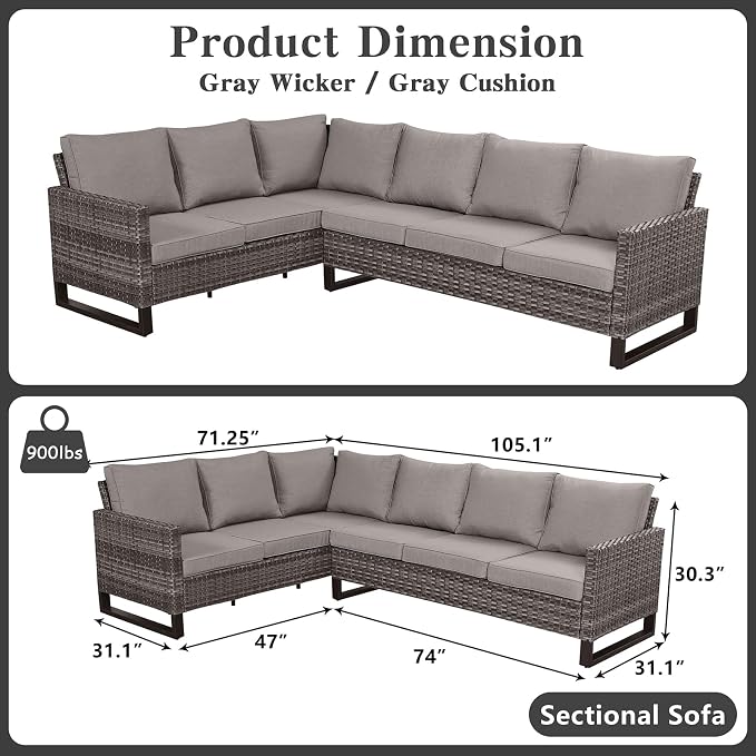 Belord Outdoor Sectional Sofa 6 Seater L Shaped Couch Wicker Patio Conversation - Image 2