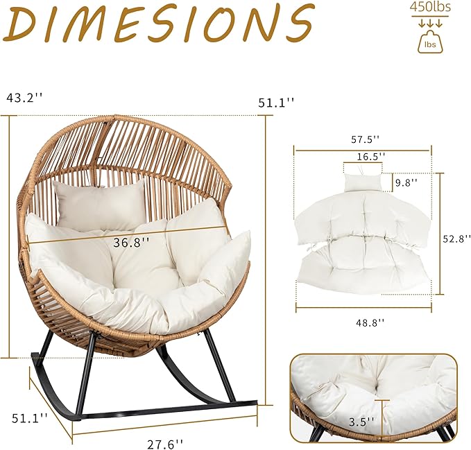 Shintenchi Egg Chair Outdoor, Oversized Outdoor Indoor Wicker Rocking Chair - Image 2