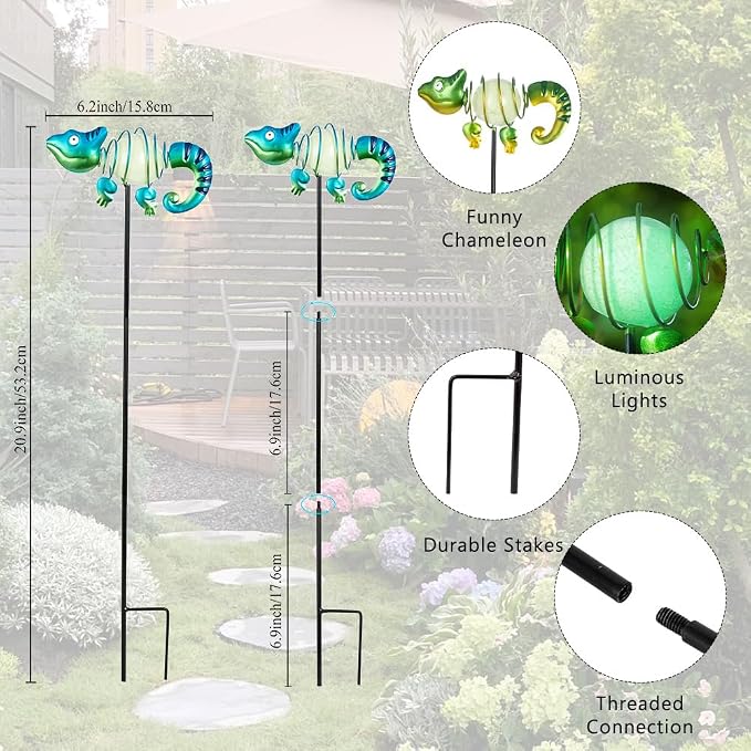3 Pack Garden Stakes Decorative, Cute Chameleons Glow in The Dark Metal Garden - Image 3