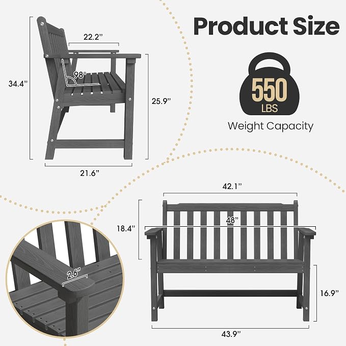Ciokea 48" Outdoor Bench, HDPE Weatherproof Porch Bench, 2-Person Garden Benches - Image 2
