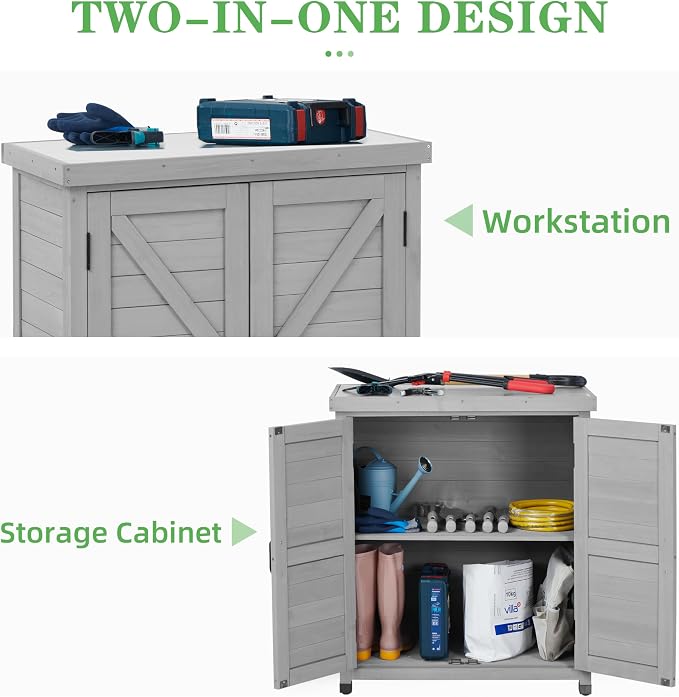 Outdoor Potting Bench with Storage Cabinet and Metal Top, Wood Workstation - Image 7
