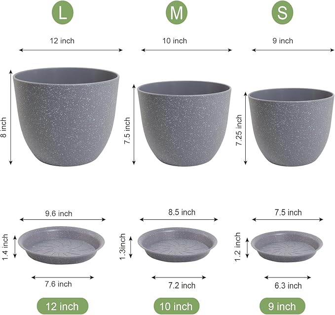 12/10/9 inch Large Plant Pots, 3 Pack Modern Decorative Plastic Planters - Image 3