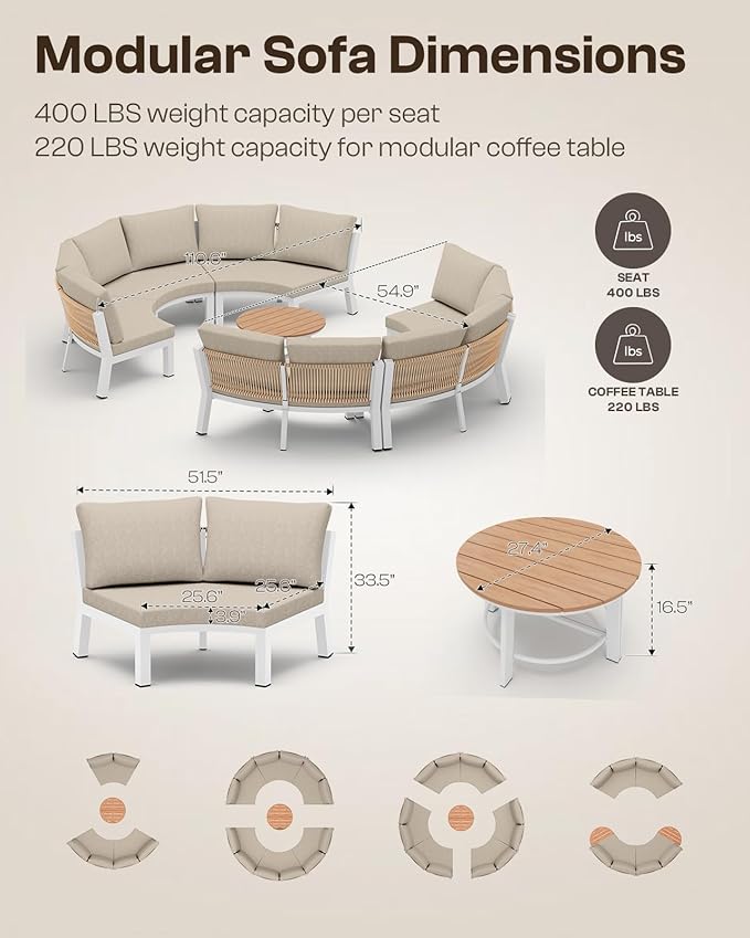 Outdoor Patio Sectional Modular Sofa, Aluminum 1 Piece Curved Patio Couch - Image 2