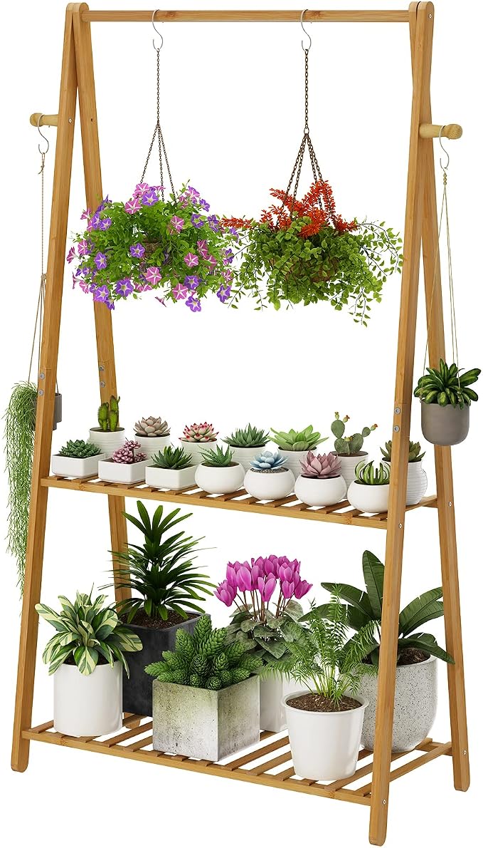 Hanging Plant Shelf Indoor Outdoor Plant Stands Wood Flower Stand 2 Tiered by TOVACU