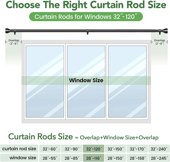 2 Pack Curtain Rods for Windows 66 to 120, 1 Inch Black Adjustable Heavy Duty - Image 7