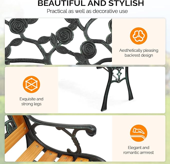 VINGLI Outdoor Bench Metal Garden Bench, Wood Patio Benches w/PVC Backrest Cast - Image 5