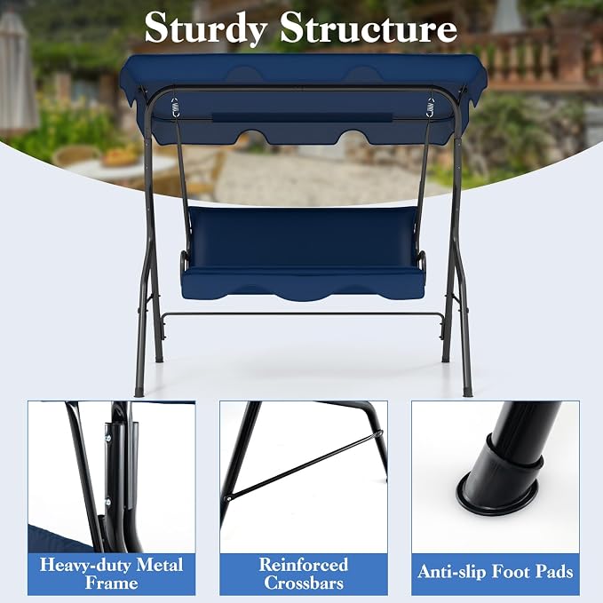 Porch Swing Outdoor, 3 Person Patio Swing w/Removable Cushion, Stand & - Image 5
