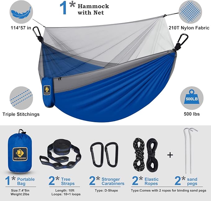 Camping Hammock with Net, Travel Portable Lightweight Hammocks with Tree Straps - Image 6