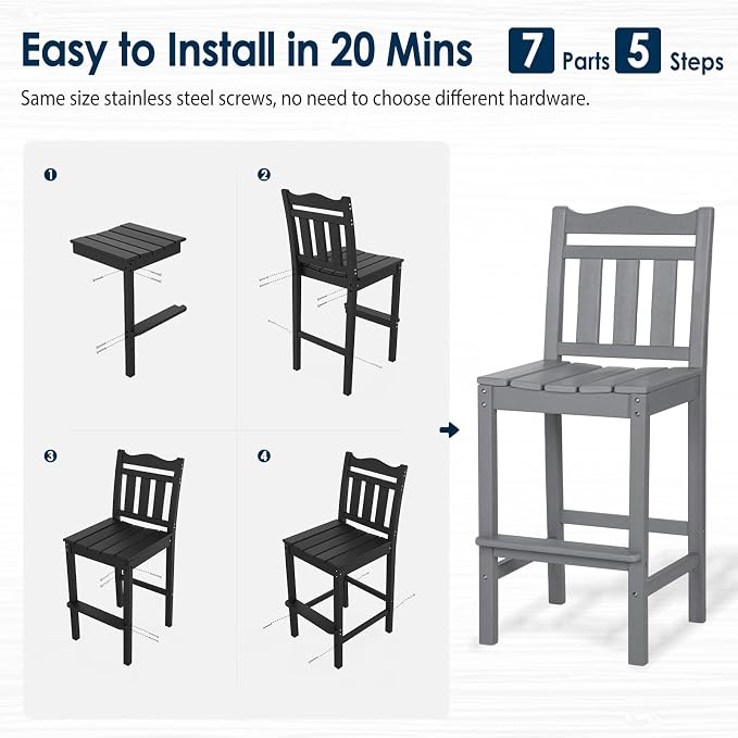 nalone Outdoor Bar Stools Set of 2, HDPE Tall Adirondack Chairs Bar Chairs - Image 7