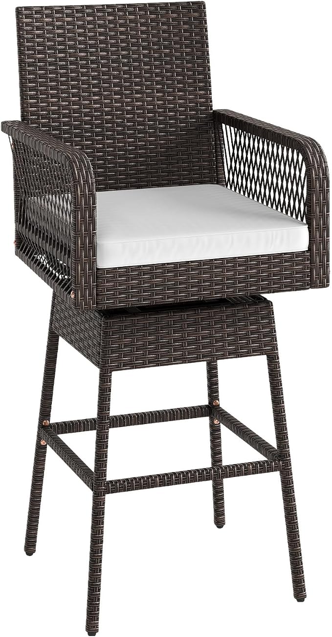 ORALNER Outdoor Wicker Swivel Bar Stools Set, Footrest & Seat Cushion, Metal by ORALNER