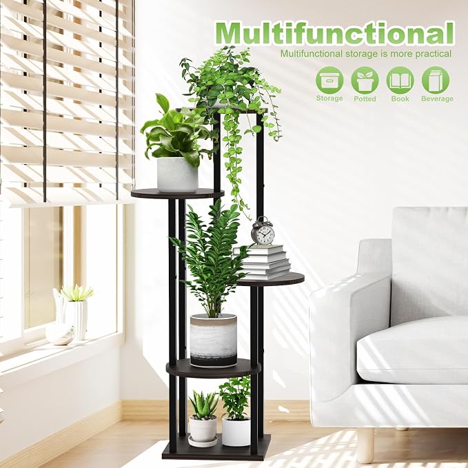 5 Tier Wood Tall Plant Stand Metal Rack Indoor, Round Planter Shelf Display - Image 7