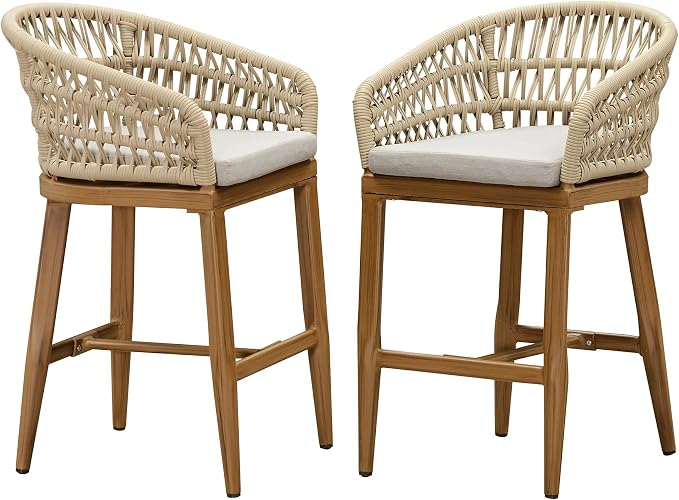PURPLE LEAF Outdoor Rattan 24" Counter Height Bar Stools Chair Set of 2 by PURPLELEAF
