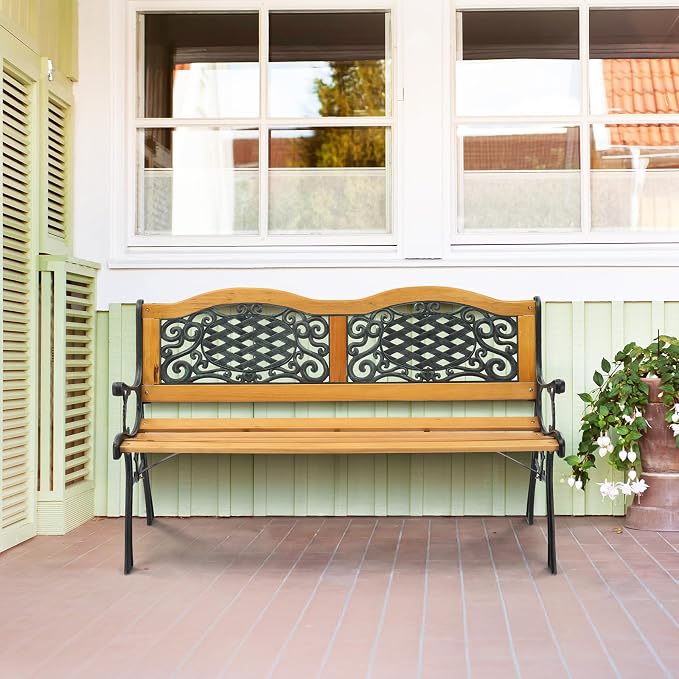 VINGLI Classic Cast Iron & Teak Arched Back Rectangular Outdoor Bench, 470 lbs - Image 2