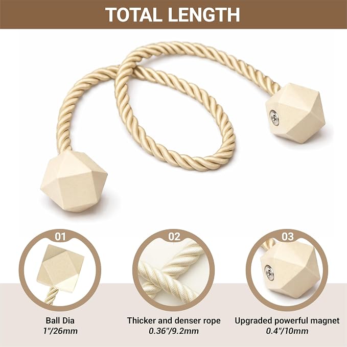 Hion Magnetic Curtain Tiebacks Beige 2pcs, Curtain Tiebacks Buckles Holdbacks - Image 2