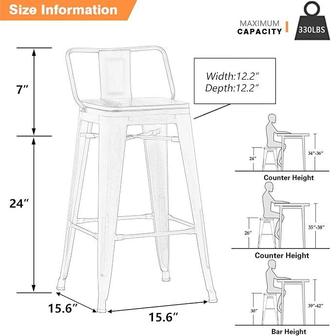 Yongchuang 24 inch Bar Stools Set of 4 Metal Counter Height Bar Stools - Image 3