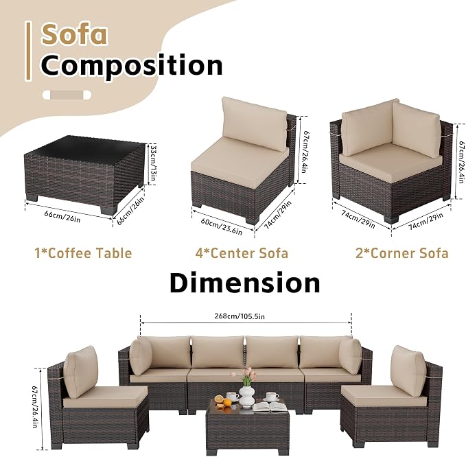 LEVELEVE 7 Pieces Outdoor Patio Furniture Sets, Rattan Conversation Sectional - Image 2