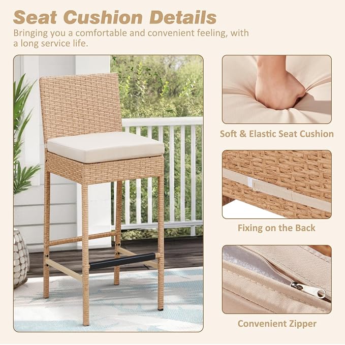 ECOTOUGE Rattan Bar Stools Set of 4, Wicker Woven Patio Stools & Patio Bar - Image 4