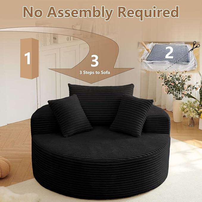 Oversized Round Chair Lounge Chaise Indoor, Upholstered Corduroy Deep Seat - Image 4