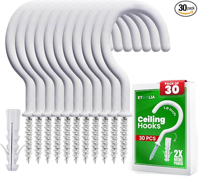 30 Pcs Ceiling Hooks for Hanging Plants, Utensils and Lights, 1-1/4 inch Vinyl by Etoolia