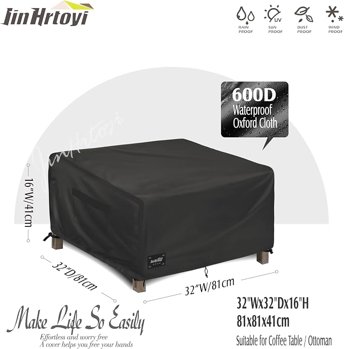 JinHrtoyi Patio Square Table Cover, 32Wx32Dx16H Inches 100% Waterproof Heavy - Image 2