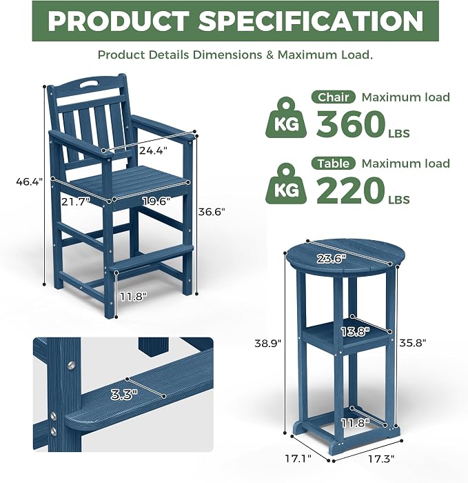 Outdoor Bistro Bar Set, Patio High Top Table and Bar Height Tall Adirondack - Image 4