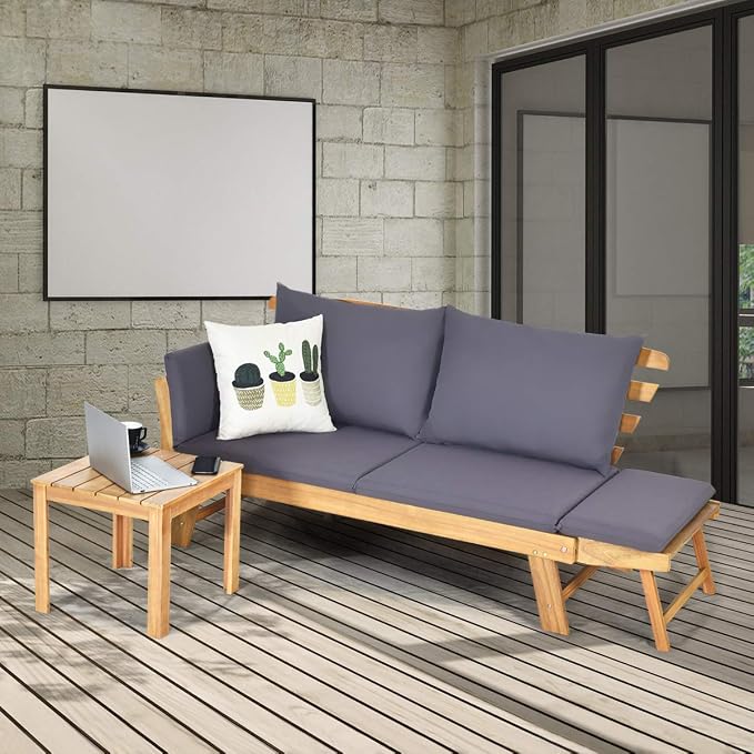 Tangkula Convertible Acacia Wood Patio Couch Sofa Bed - Image 5
