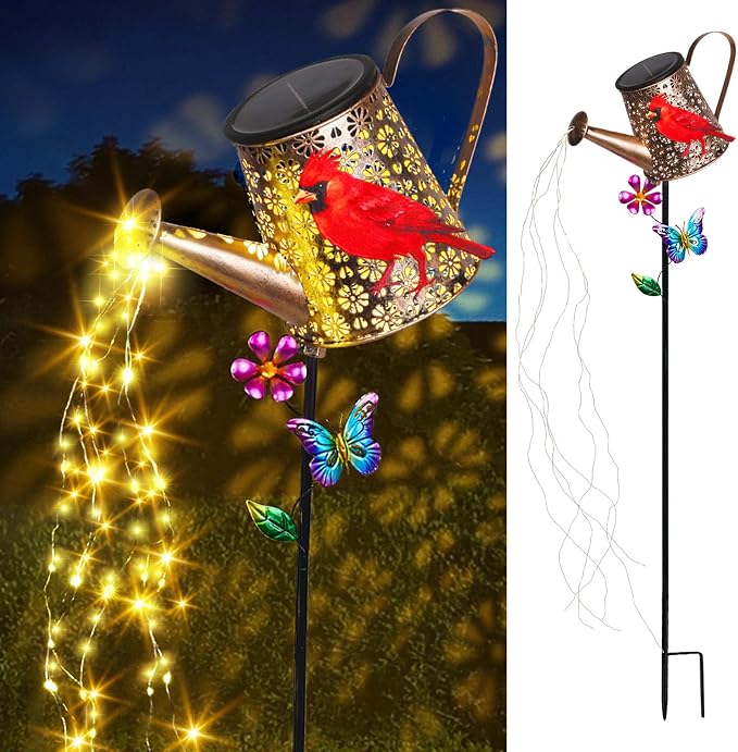 Solar Watering Can with Lights Outdoor Garden, 41in Large Red Cardinal Garden - Image 3