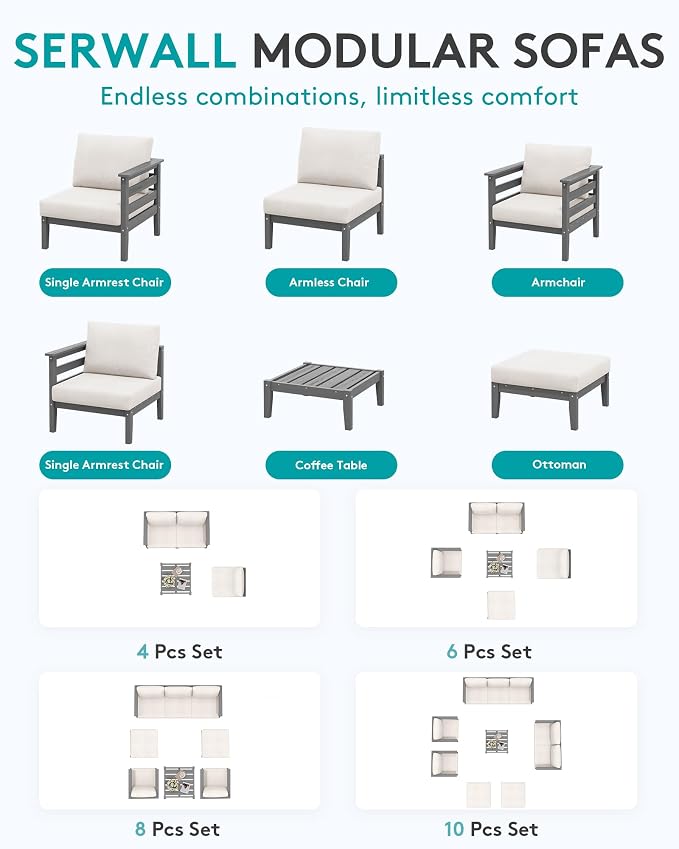 SERWALL HDPE Patio Furniture Set, 4 Pieces Outdoor Sectional Sofa Set, - Image 7