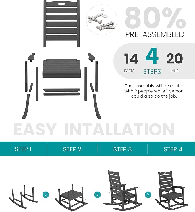 SERWALL Outdoor Rocking Chair Set of 4, Oversized HDPE Patio Rocking Chair - Image 8