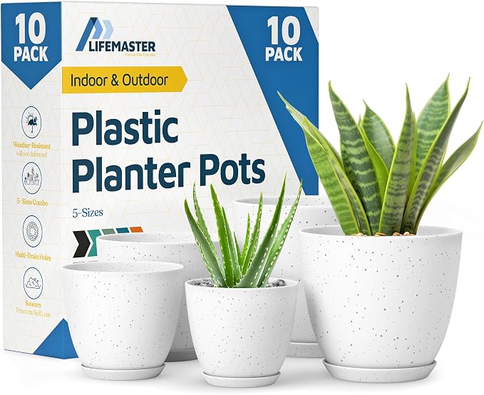 White Gray Plant Pots with Drainage Holes & Saucers 10 Pack, Indoor & Outdoor by LIFEMASTER