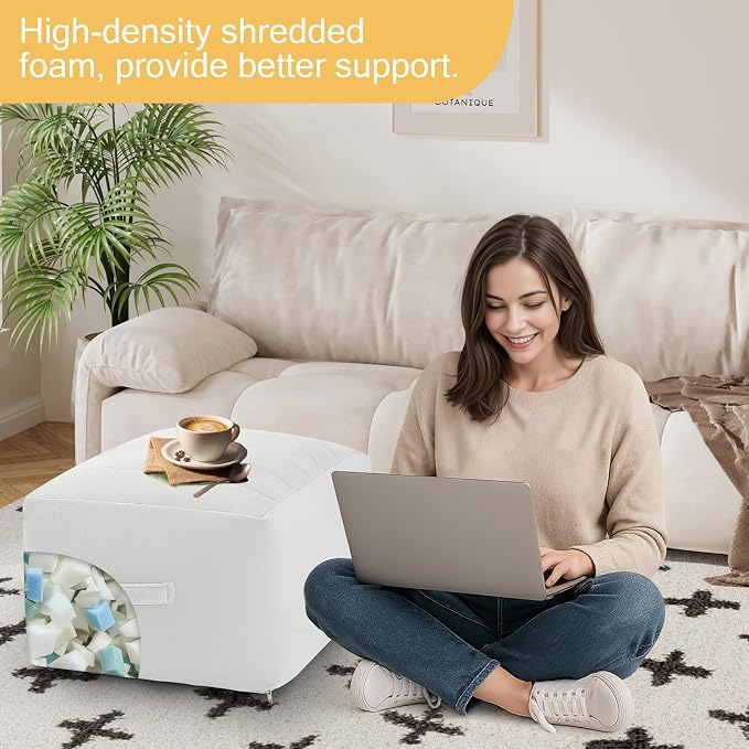 MeMoreCool Square Stuffed Pouf Ottoman Foot Rest, Floor Pouf Foot Stool - Image 4