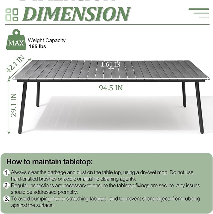 95" Patio Outdoor Dining Table for 8-10, Weather-Resistant Aluminum Frame - Image 3