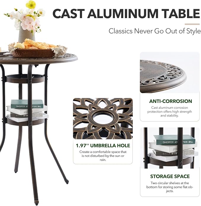 3 Piece Swivel Outdoor Table and Chairs Bar Set, All-Weather Cast Aluminum - Image 3