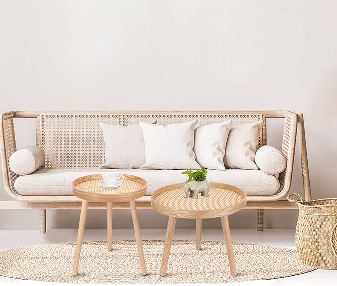 Round Coffee Table Set of 2, Natural Boho Coffee Tables, Small Mid Century - Image 2
