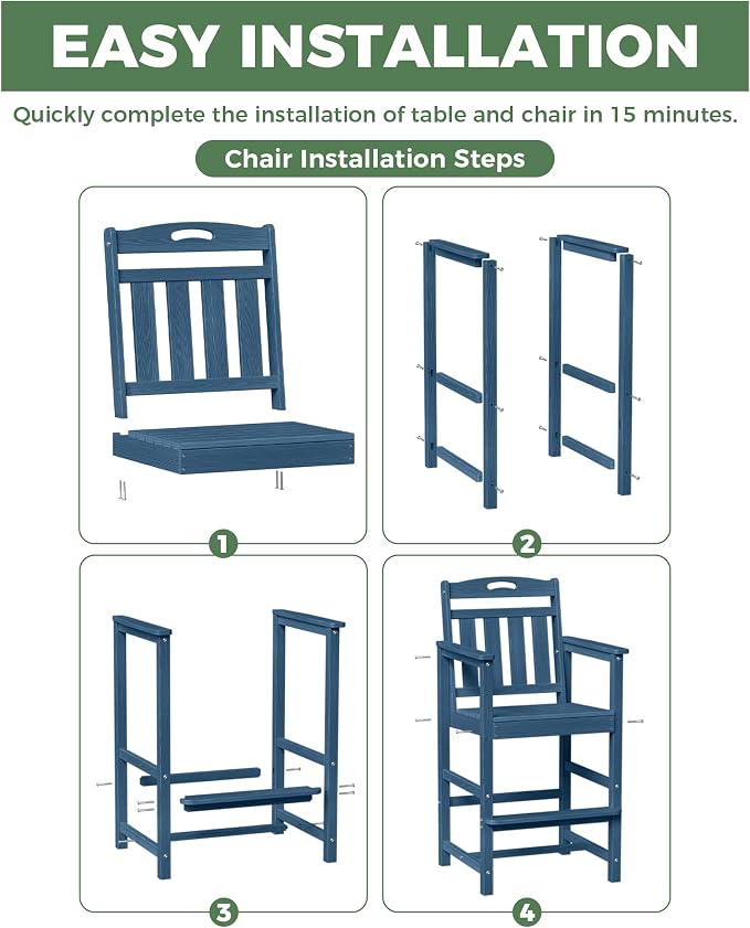 Outdoor Patio Tall Adirondack Bar Chairs Set of 2, All-Weather HDPE Bar Height - Image 5