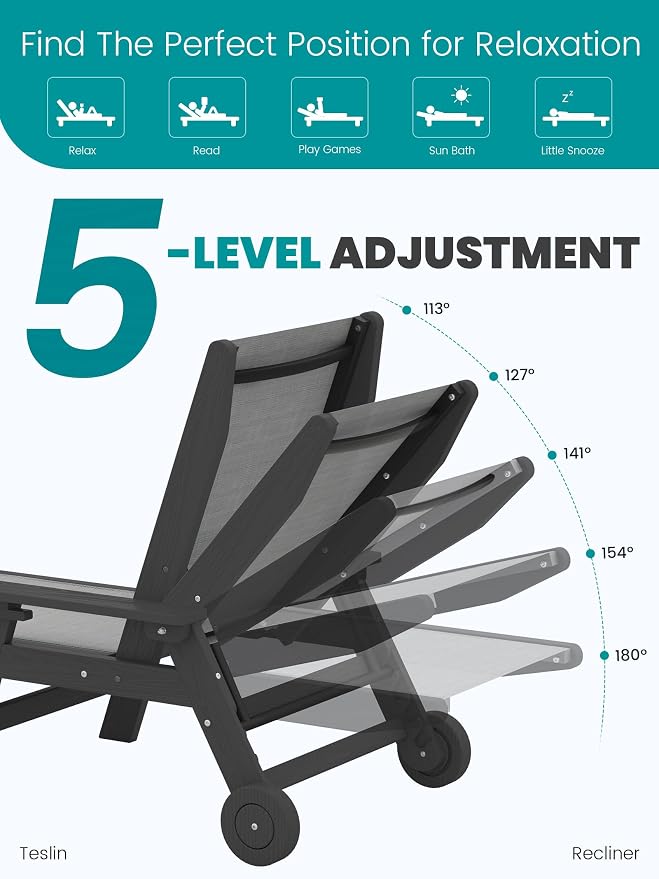 SERWALL Textilene Patio Chaise Lounge Chair Set of 2, 5 Positions Outdoor - Image 4