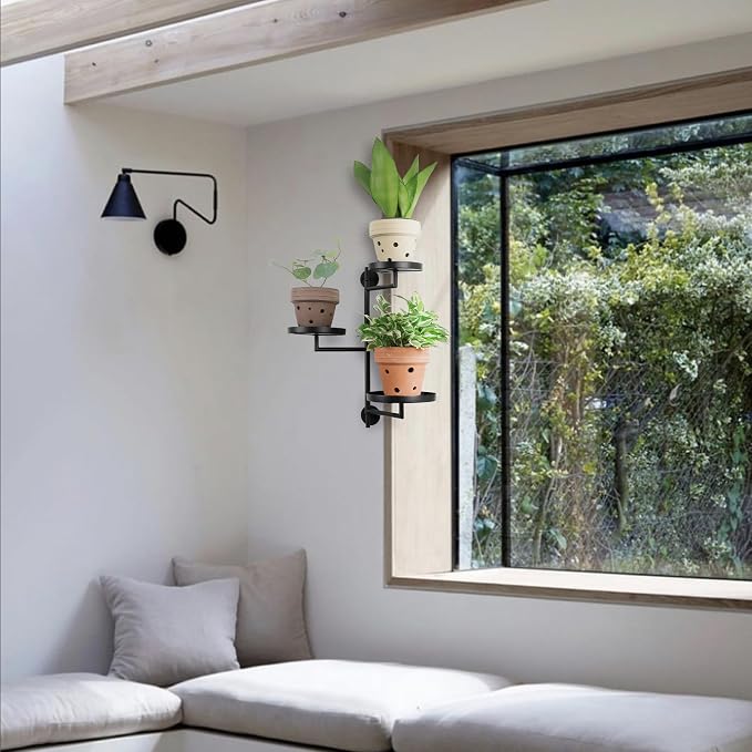 Rotating Window Wall Plant Shelves Stand Holder, 3 Tiered Metal Floating Plant - Image 7