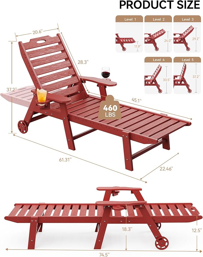 Carauci Lounge Chair Outdoor Set of 2, HDPE Chaise Lounge - Image 3