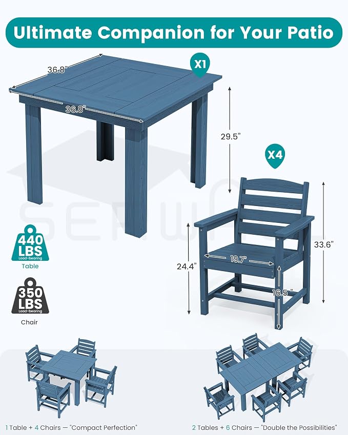 SERWALL Outdoor Dining Set for 4, HDPE Square Table and Chairs Set All Weather - Image 2