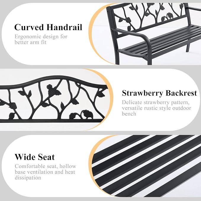 50" Outdoor Garden Bench, Cast Iron Metal Outdoor Benches Weatherproof - Image 4