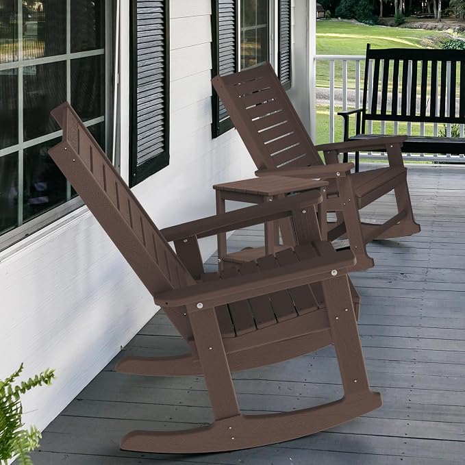 GREENVINES Outdoor Rocking Chair Set | 3-Piece | Dark Brown Wood Grain | 2 - Image 2