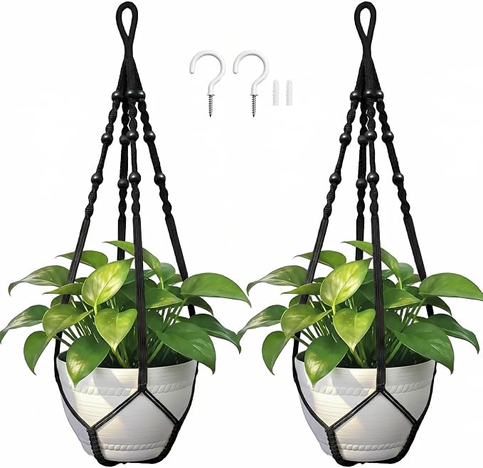 Macrame Plant Hanger, Wood Beads Cotton Hanging Planter Holder by Unknown