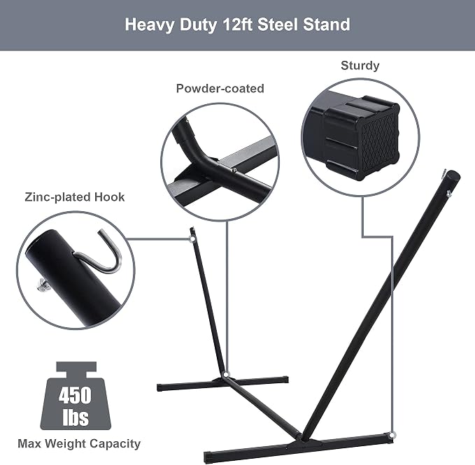 Double Hammock with 12 FT Stand, 2 Person Curved Bar Hammock with Stand - Image 7