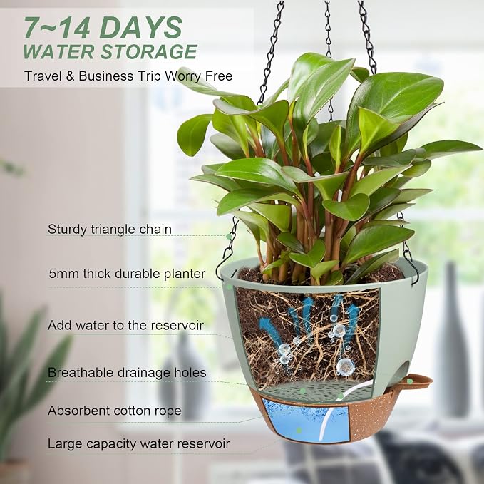 Hanging Planters for Indoor Outdoor Plants, 2 Pack Self Watering Hanging Pot - Image 2