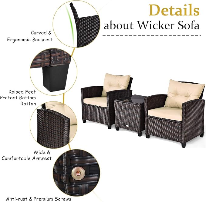 Tangkula 3 Pieces Patio Furniture Set, PE Rattan Wicker 3 Pcs Outdoor Sofa Set - Image 5