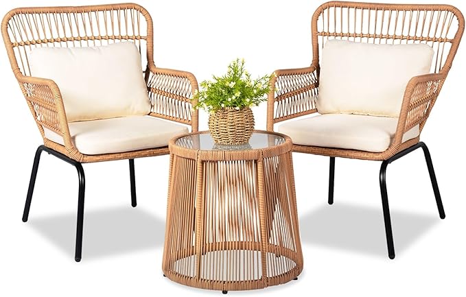 3 Piece Outdoor Wicker Furniture Bistro Set, Rattan Chairs Conversation Sets by HOMEZILLIONS